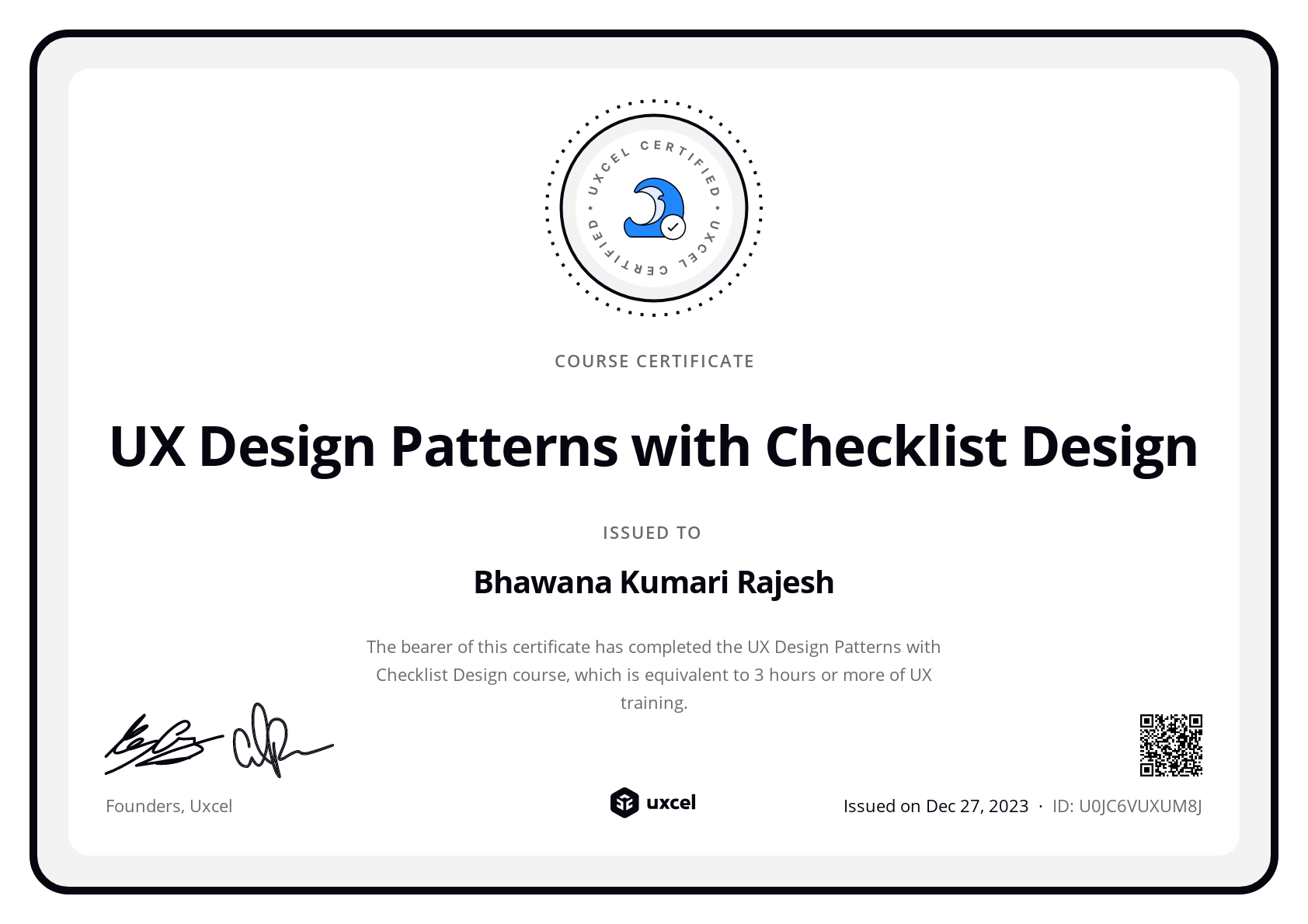 Bhawana Kumari Rajesh's certificate